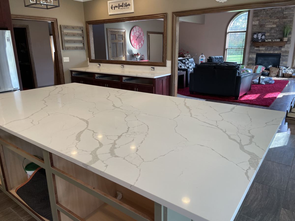 White quartz kitchen countertops with gray veining
